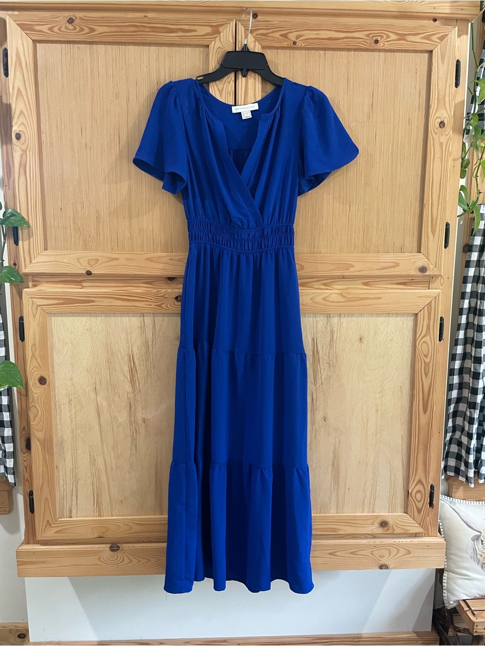 Monteau Royal blue short sleeve tiered cinched waist modest maxi dress